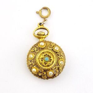 Vintage Pocket Watch Charm Pendant Gold Plated Faux Pearl Turquoise Figural